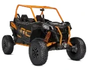 Black and orange off-road ATV with rugged tires and open-frame design