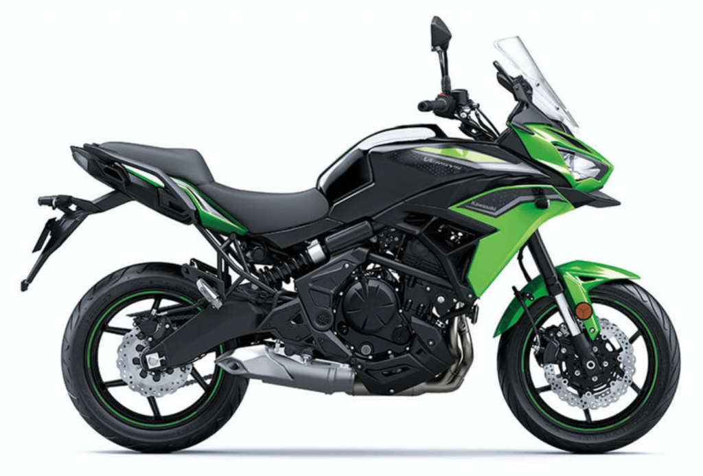 A black and green Kawasaki Versys 650 adventure motorcycle with a sporty look.