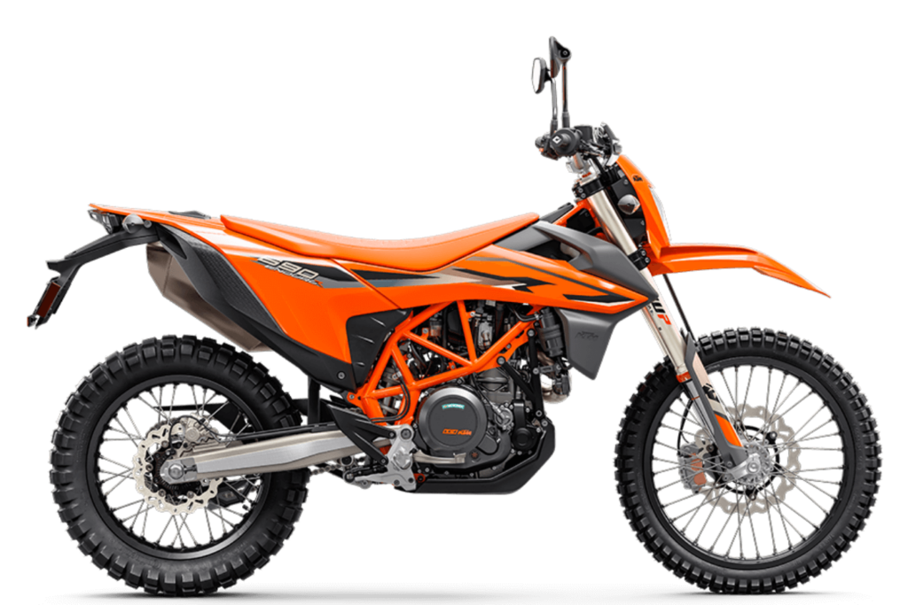 An orange KTM 690 Enduro R off-road motorcycle with knobby tires.