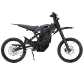 Sleek black electric dirt bike with thin tires and minimalist design.
